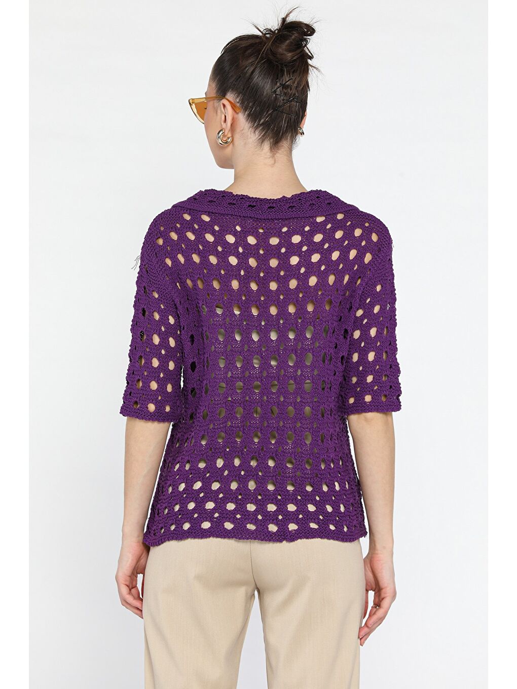 Mor Kadın Polo Yaka Ajurlu Mevsimlik Triko Bluz-3