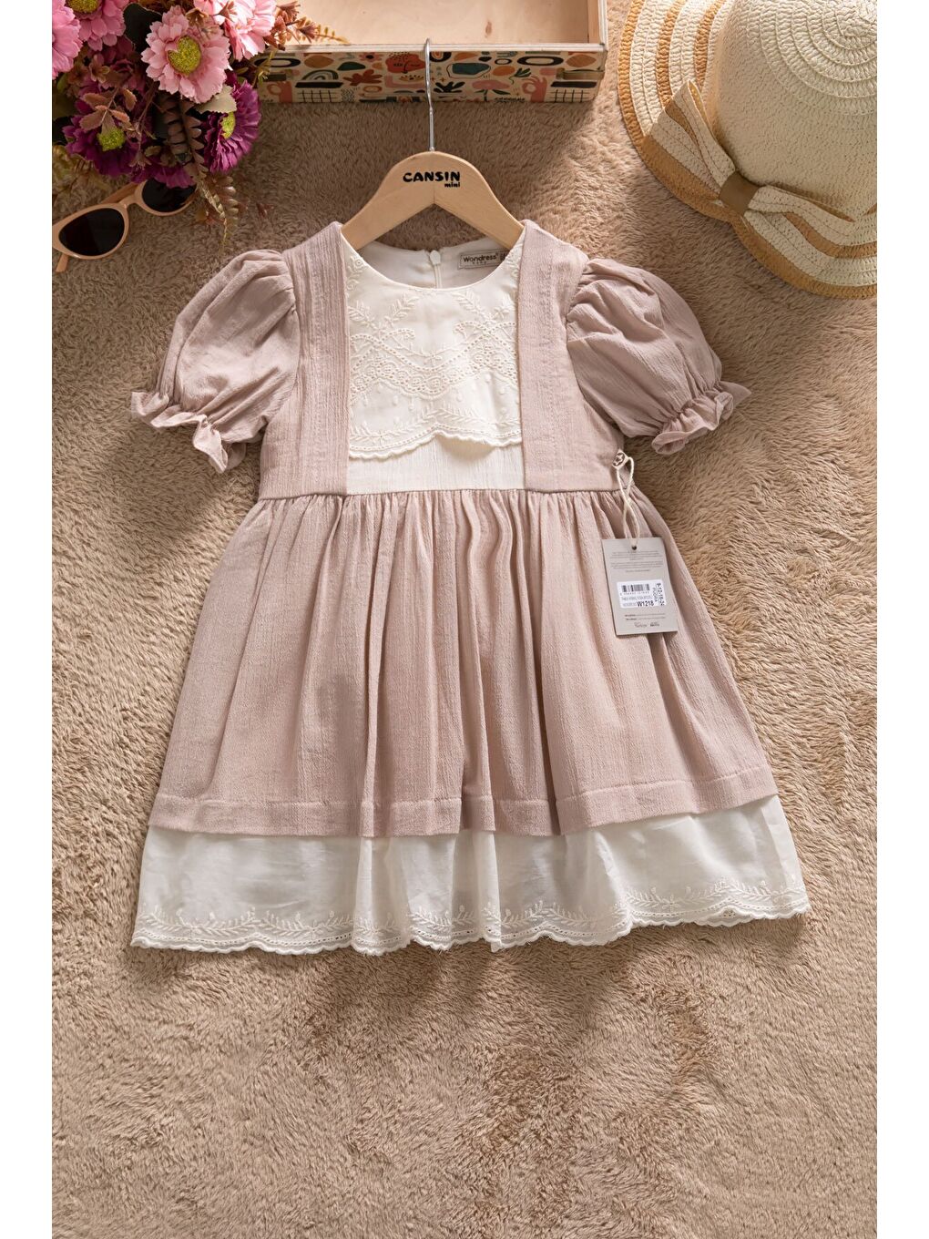 Kahverengi Kız Çocuk Dantel Detaylı Kolu Fırfırlı Elbise 22683