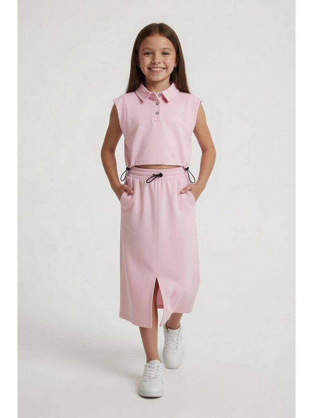 Pembe Sıfır Kol Crop ve Yırtmaç Detaylı Etekli Kız Çocuk Alt Üst Takım 24005-1