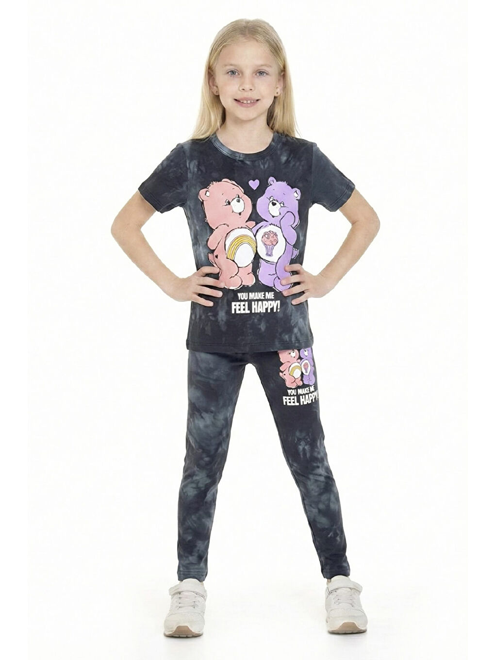 Antrasit Kız Çocuk Ayıcık Baskılı Batik Desenli Alt-Üst Takım 3-10 Yaş 12546