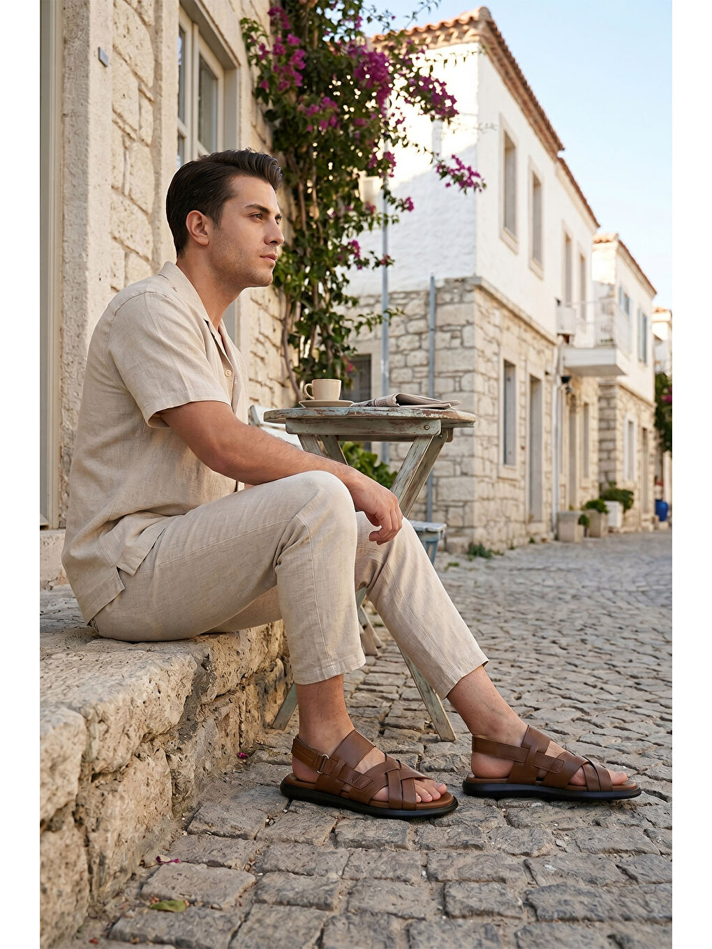 Kahverengi Erkek KAHVERENGİ Ayarlanabilir Cırt Bantlı Hakiki Deri Sandalet-2