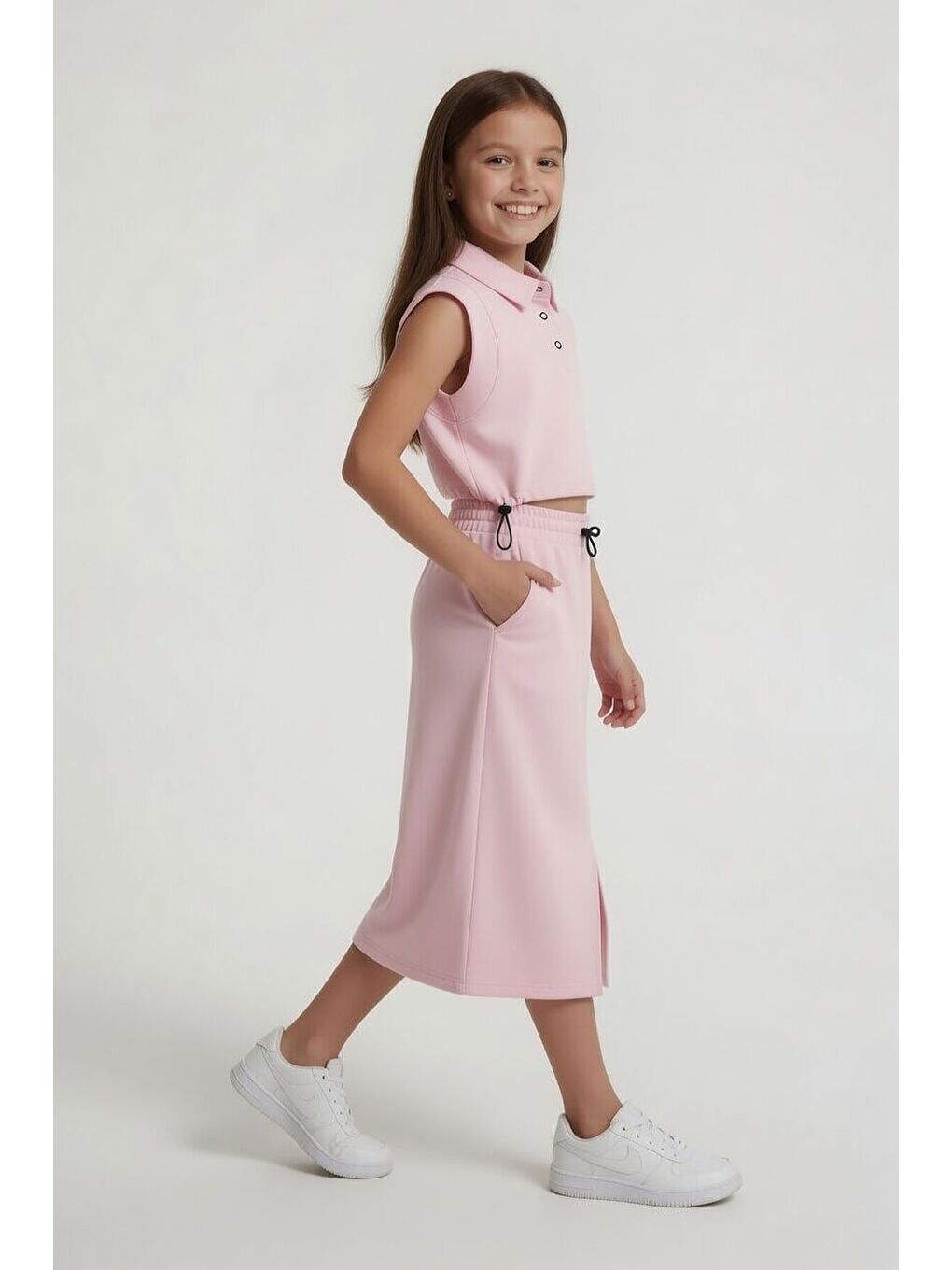 Pembe Sıfır Kol Crop ve Yırtmaç Detaylı Etekli Kız Çocuk Alt Üst Takım 24005-2