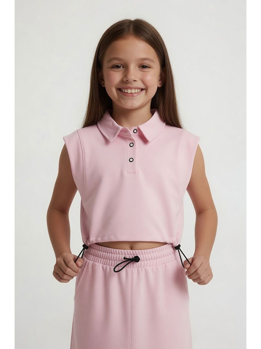 Pembe Sıfır Kol Crop ve Yırtmaç Detaylı Etekli Kız Çocuk Alt Üst Takım 24005-3