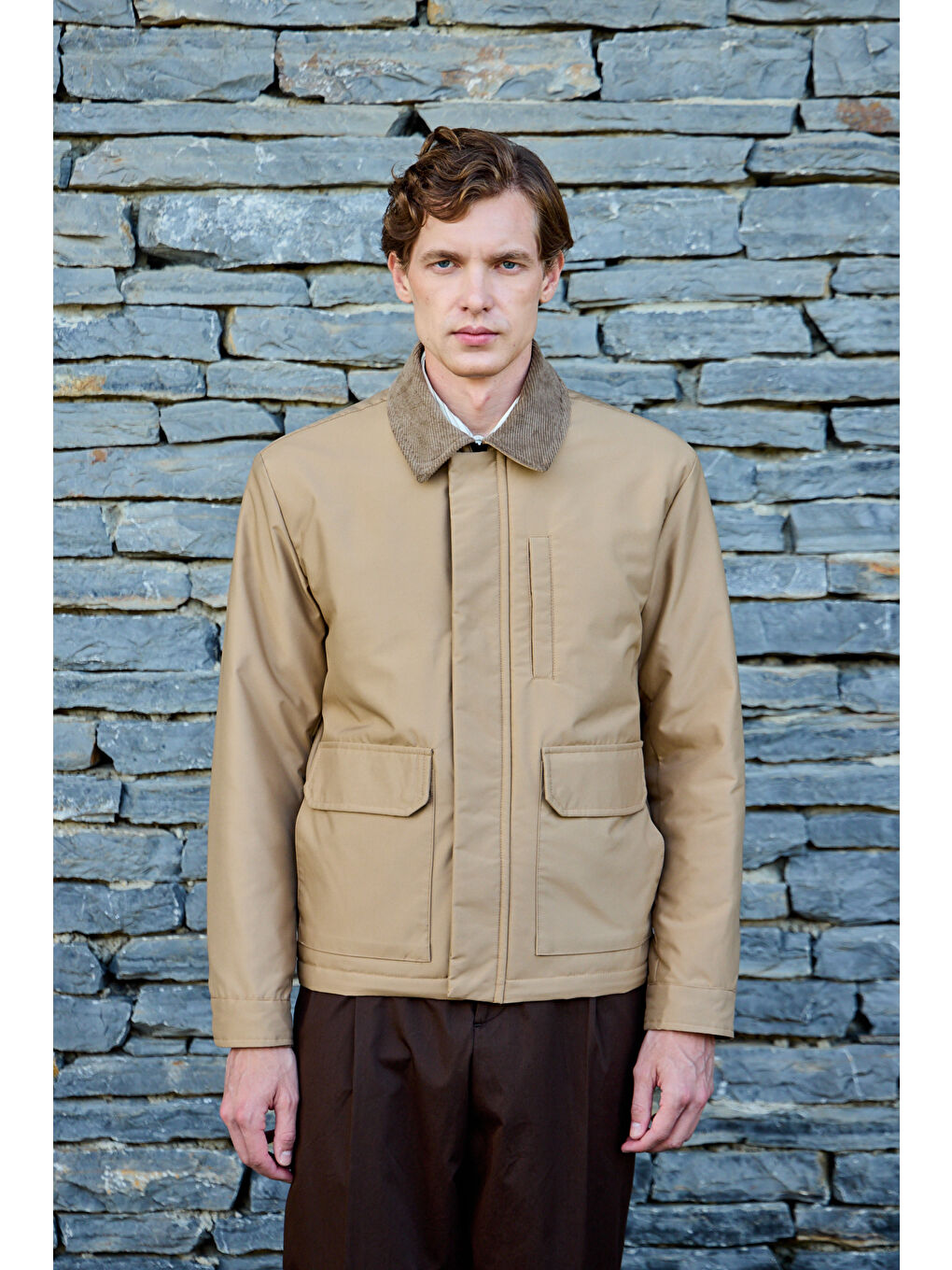 Erkek Kontrast Yakalı Mont Ceket Bej-5