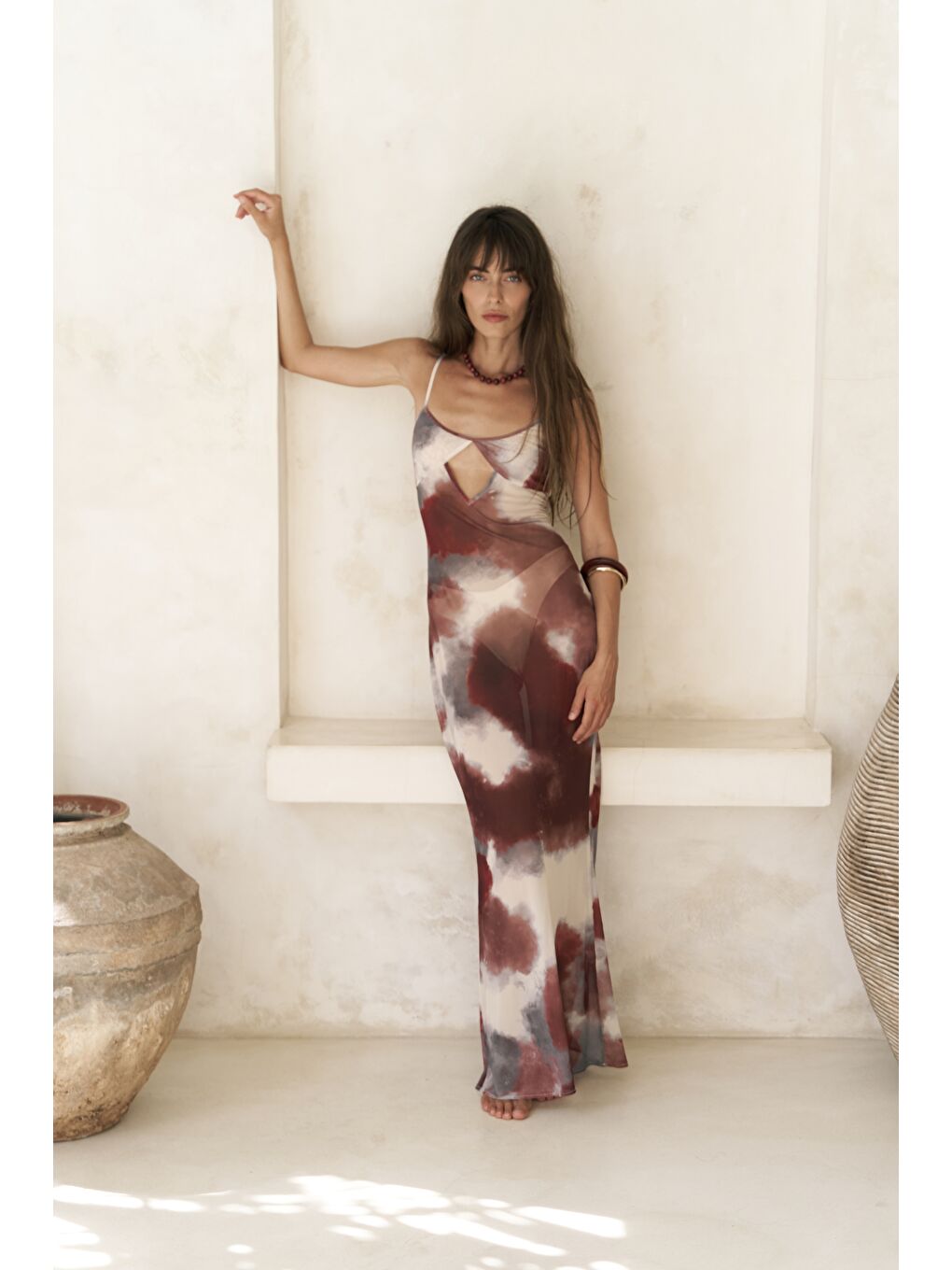 Diavonesta Bağcık Detay Dekolteli Bordo Uzun Elbise