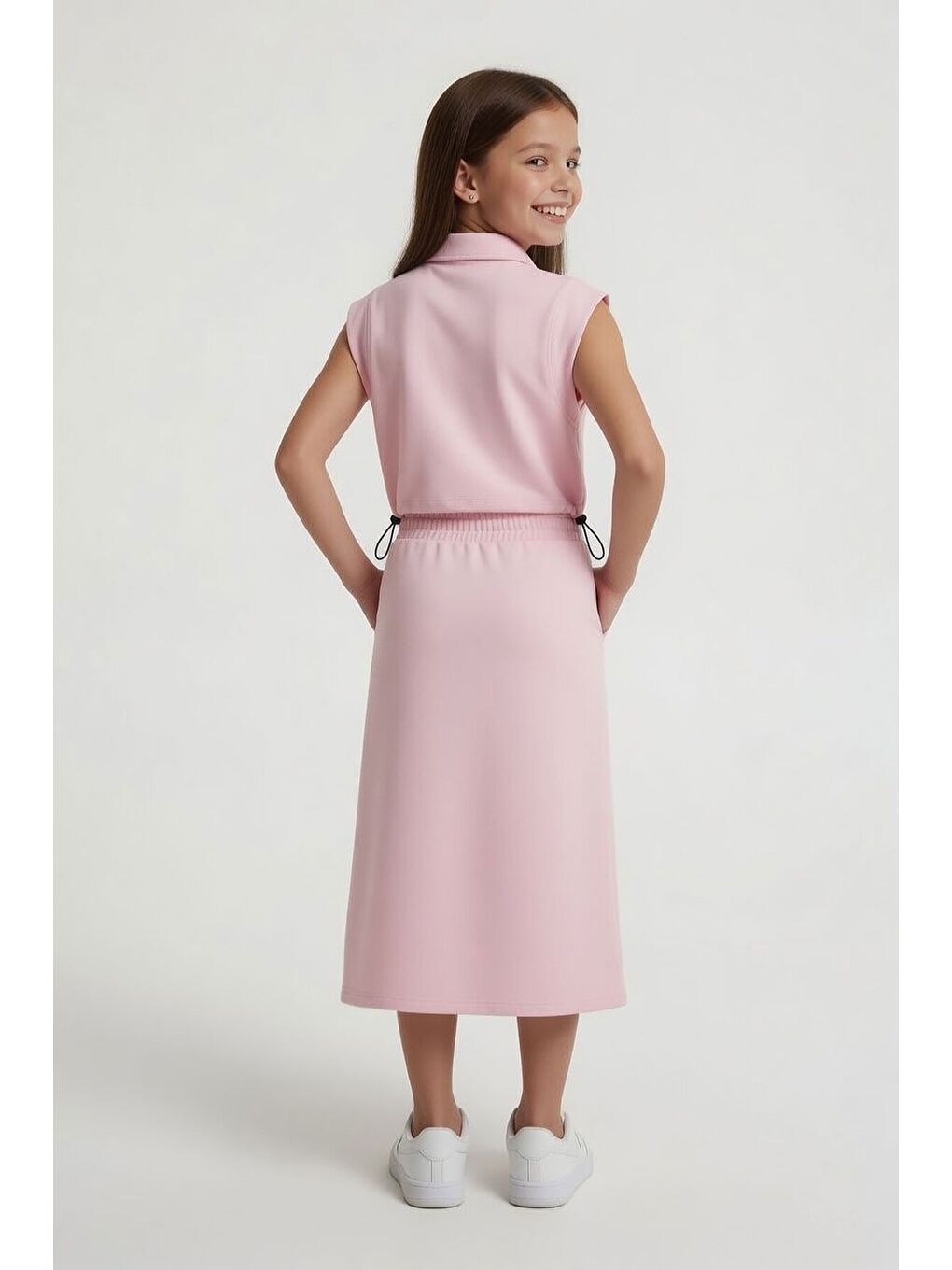 Pembe Sıfır Kol Crop ve Yırtmaç Detaylı Etekli Kız Çocuk Alt Üst Takım 24005-4