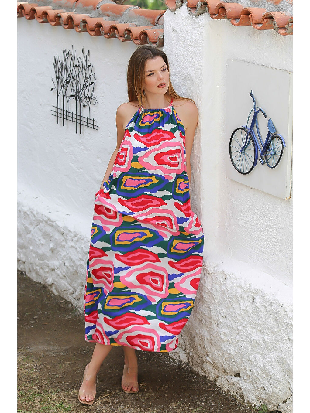 Kırmızı-Beyaz-Lacivert Boyundan Bağlamalı Cepli Allover Baskılı Dokuma Casual Elbise-2