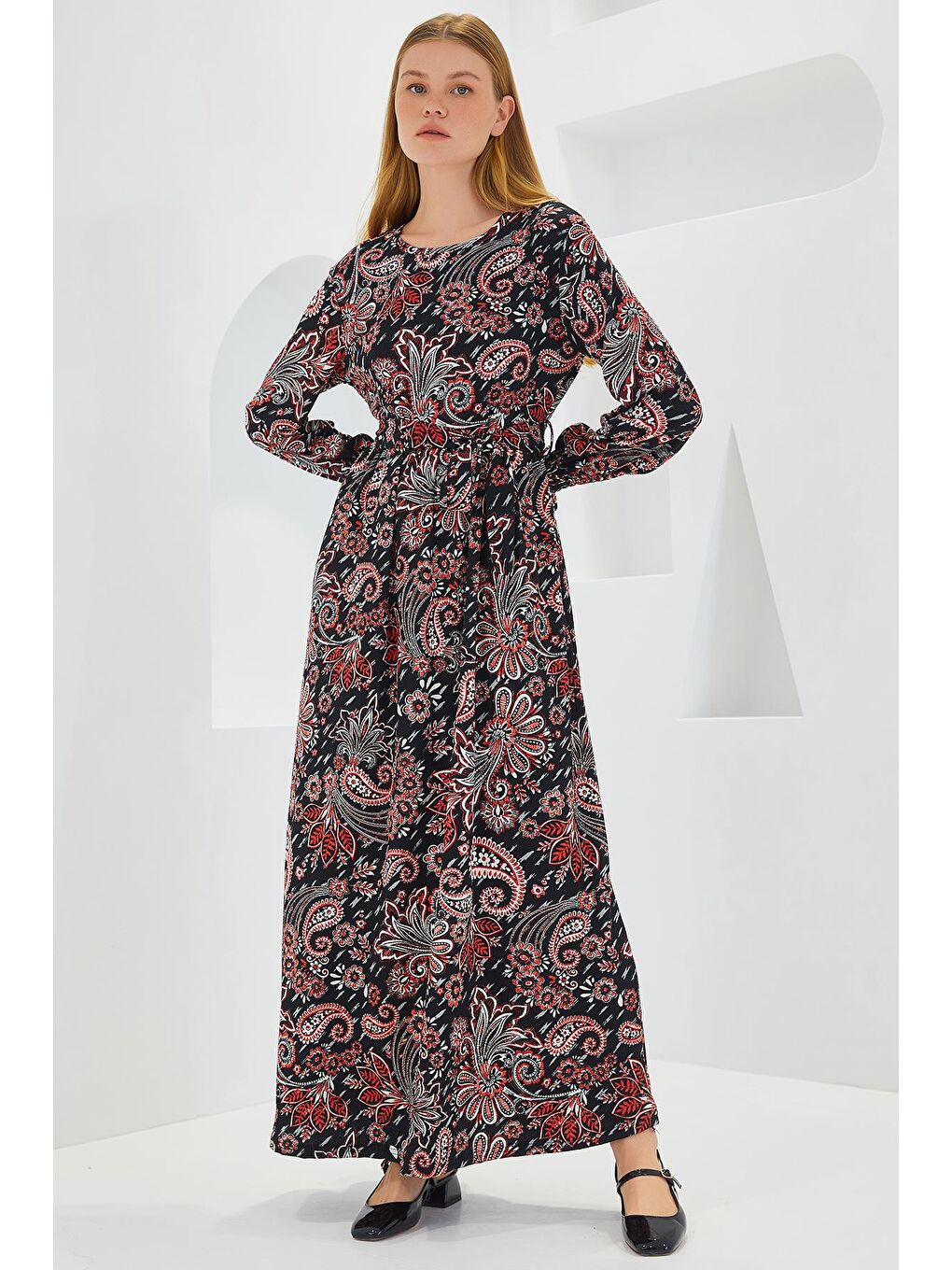 Sarı Kadın Siyah Çiçek Desenli Örme Tesettür Elbise 1525-2