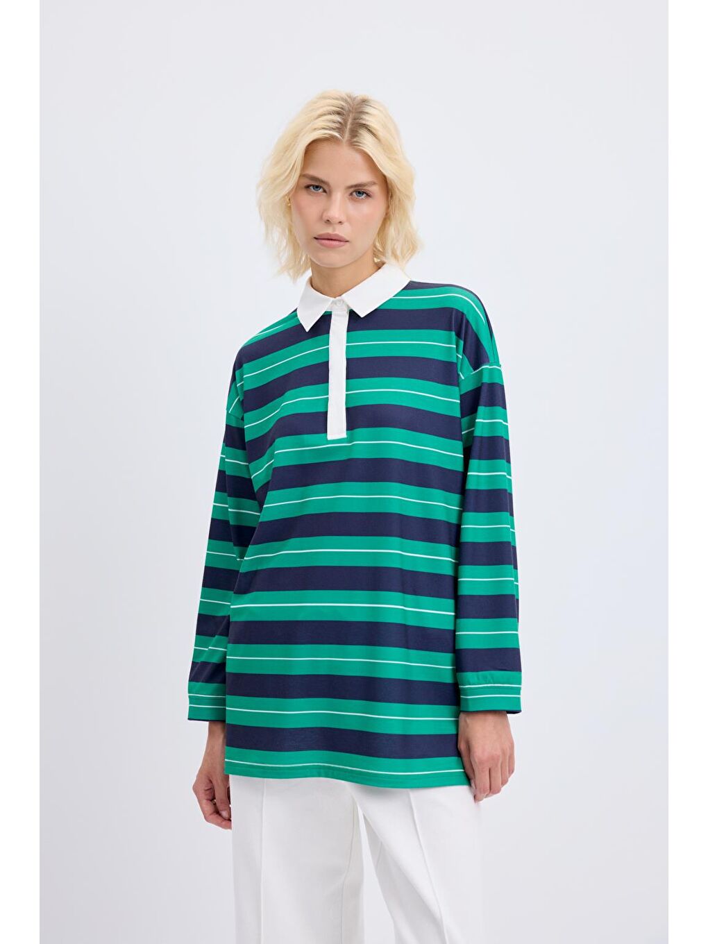 Polo Yaka Çizgili Sweatshirt Lacivert