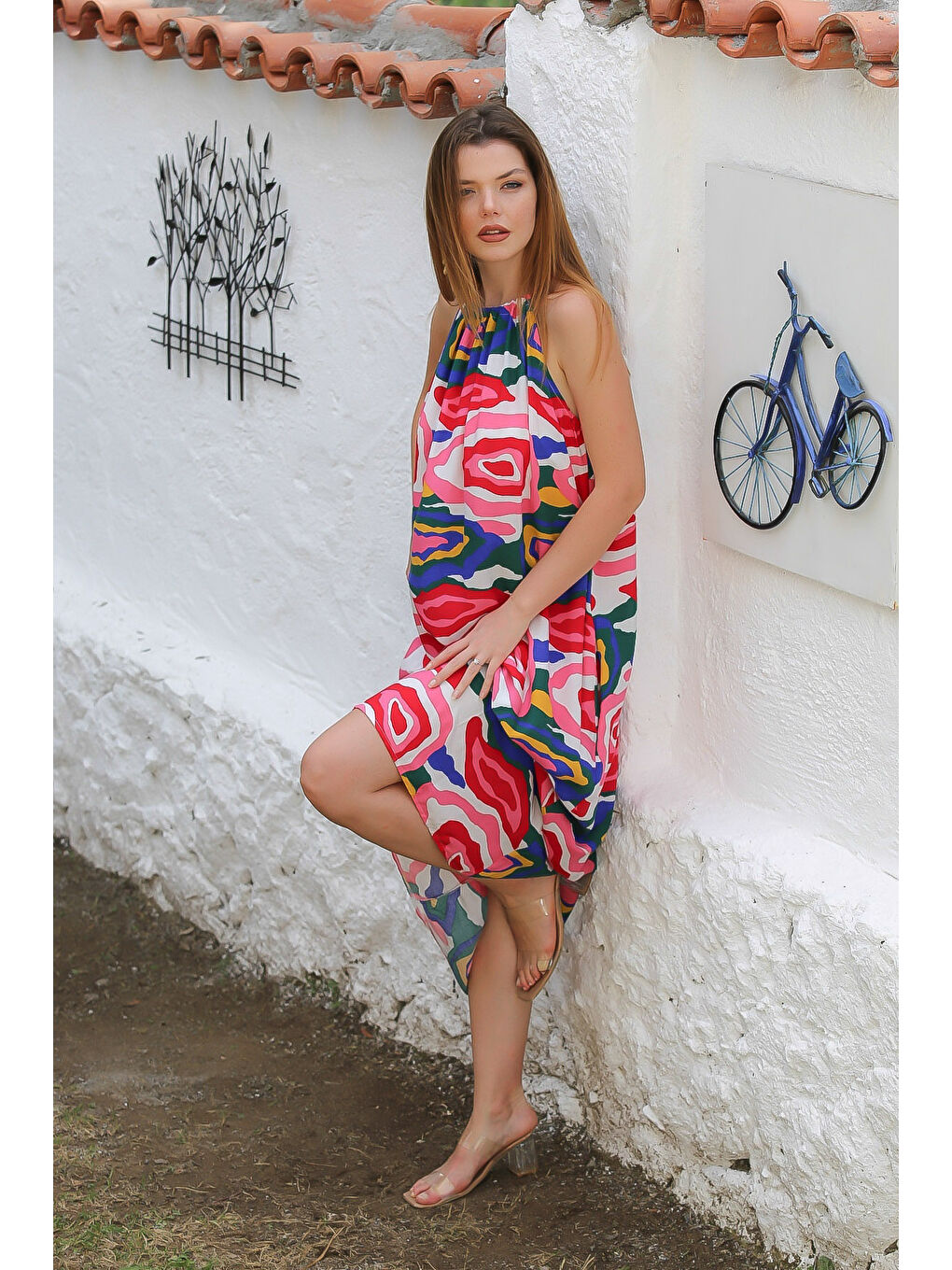 Kırmızı-Beyaz-Lacivert Boyundan Bağlamalı Cepli Allover Baskılı Dokuma Casual Elbise-4