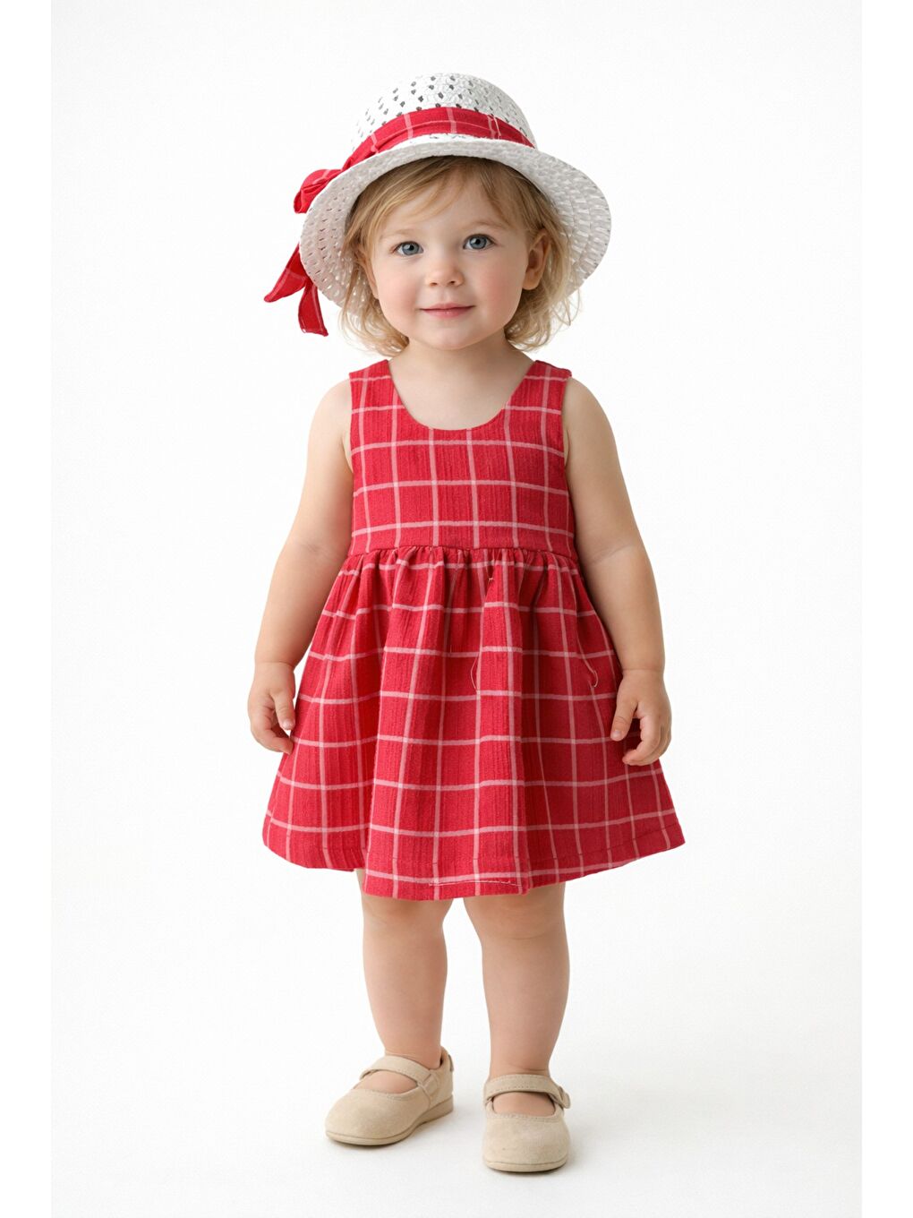 Kırmızı Tatlı Kız Bebek Ekose Tarz Elbise Şapkalı Fiyonk Detaylı Yazlık 2’li Kombin
