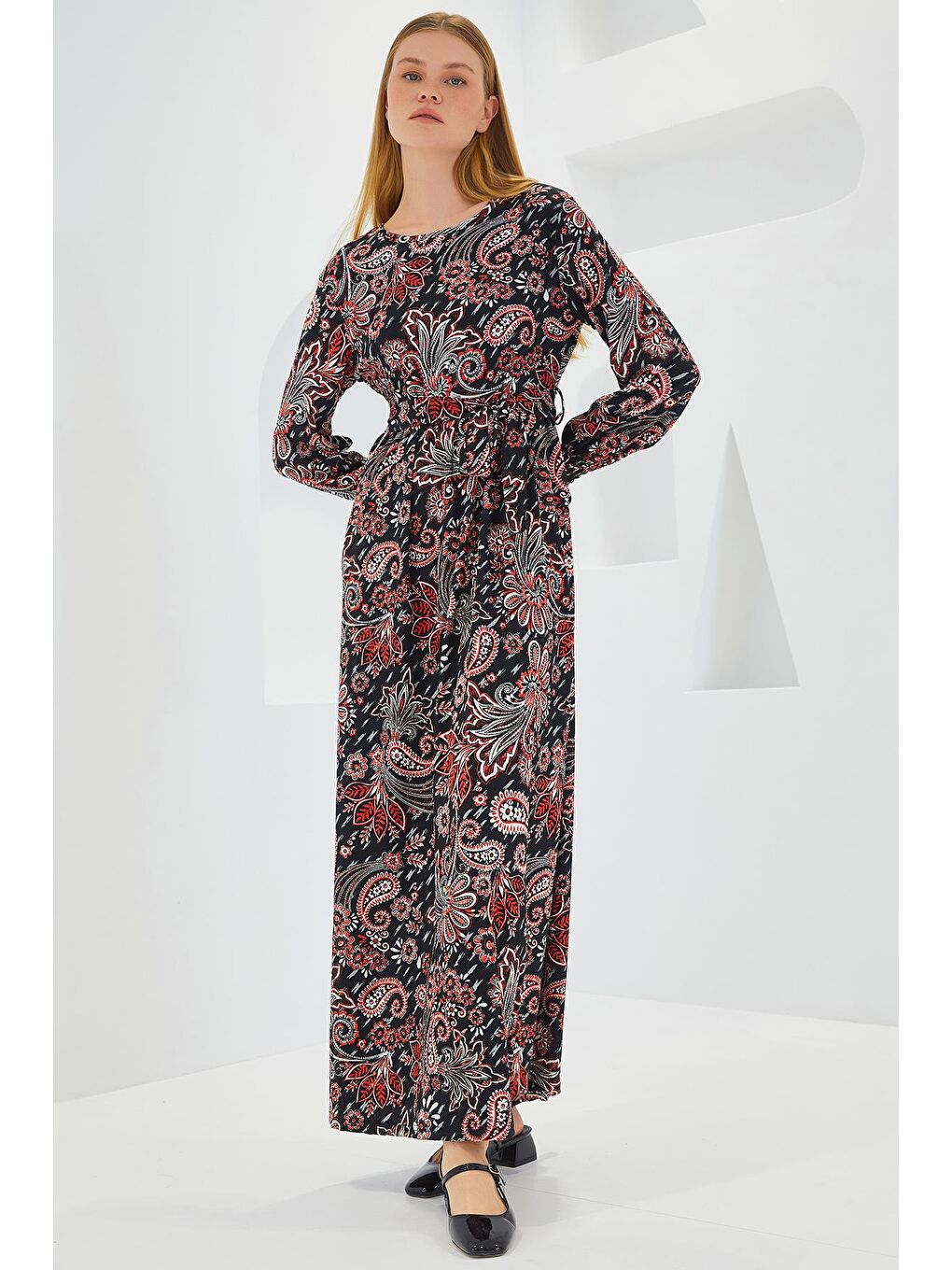 Sarı Kadın Siyah Çiçek Desenli Örme Tesettür Elbise 1525-3