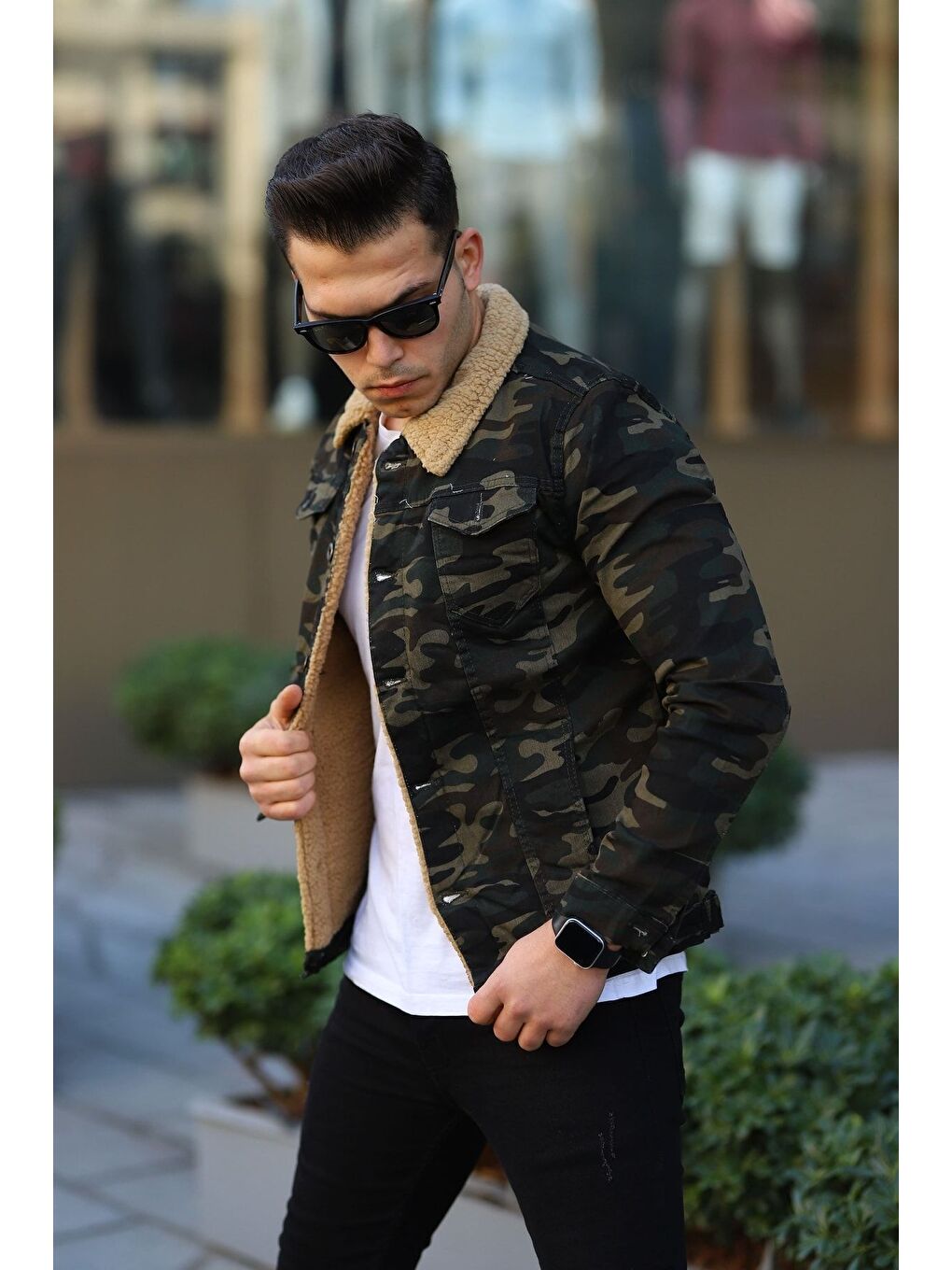 Yeşil Erkek Içi Kürklü Jean Ceket-1