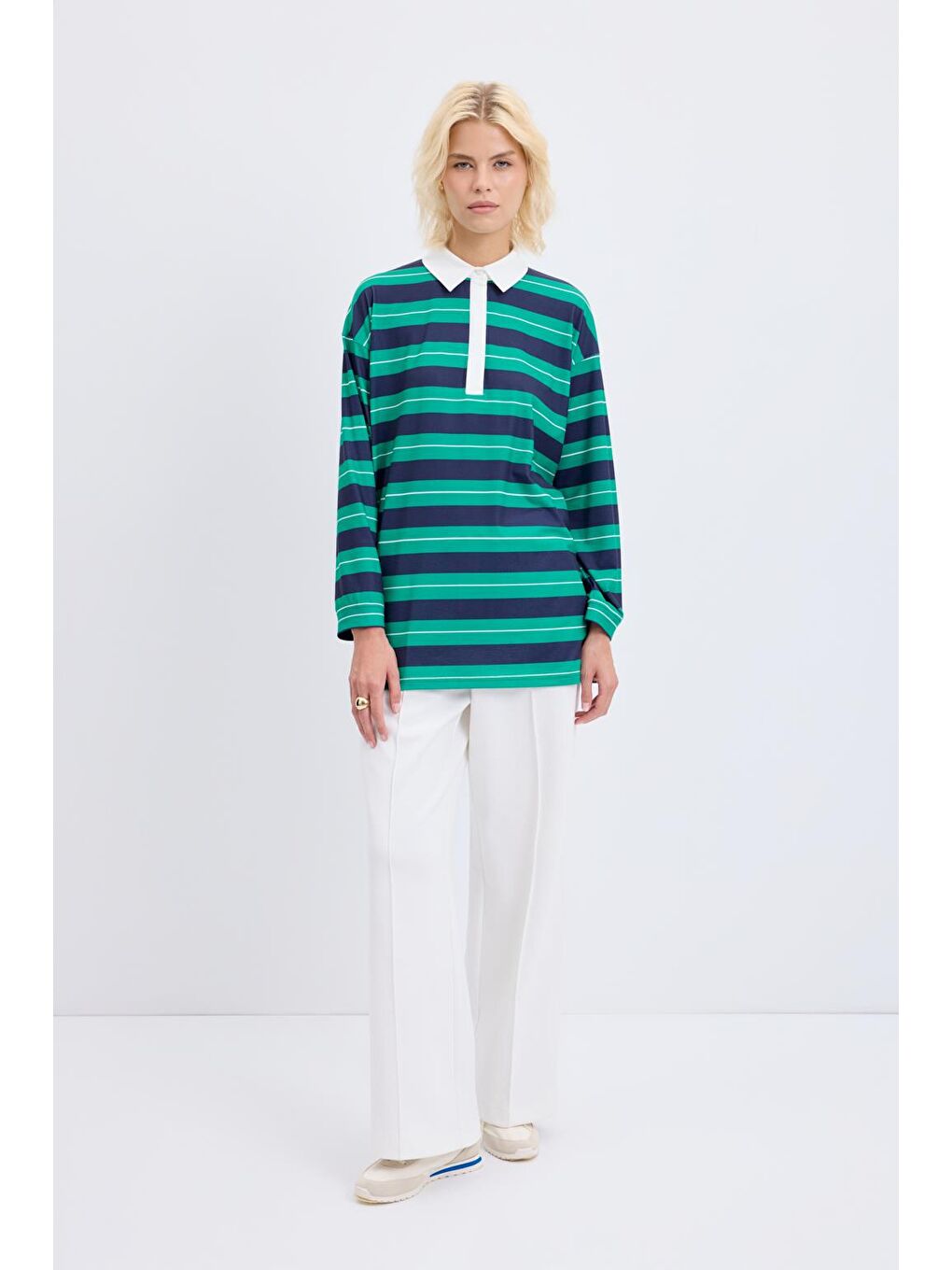 Polo Yaka Çizgili Sweatshirt Lacivert-1