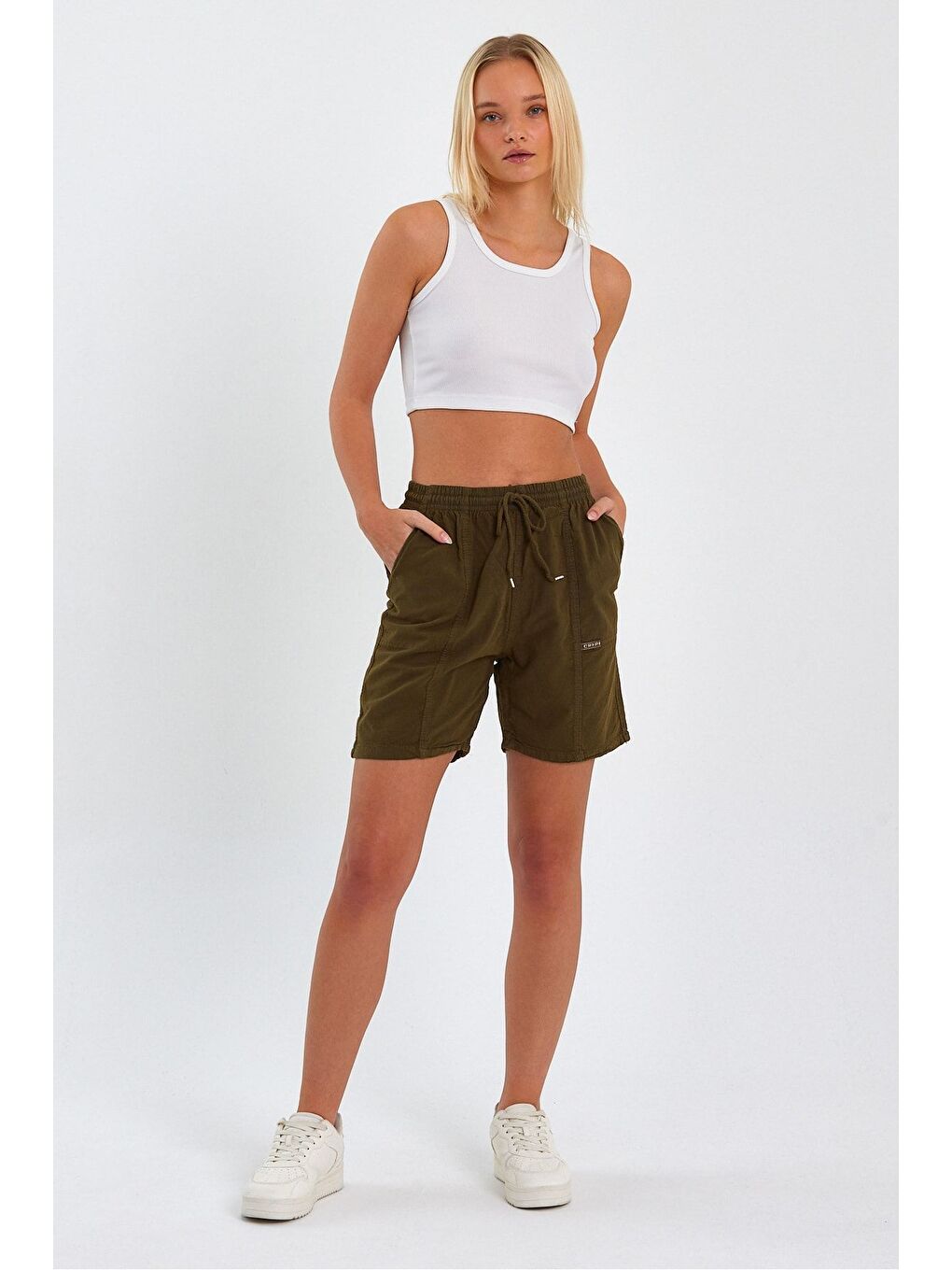 Kadın Haki Rahat Kesim Keten Şort-1