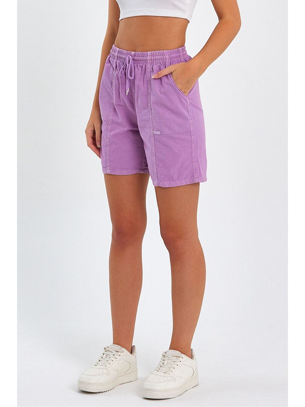Kadın Açık Lila Rahat Kesim Keten Şort-2