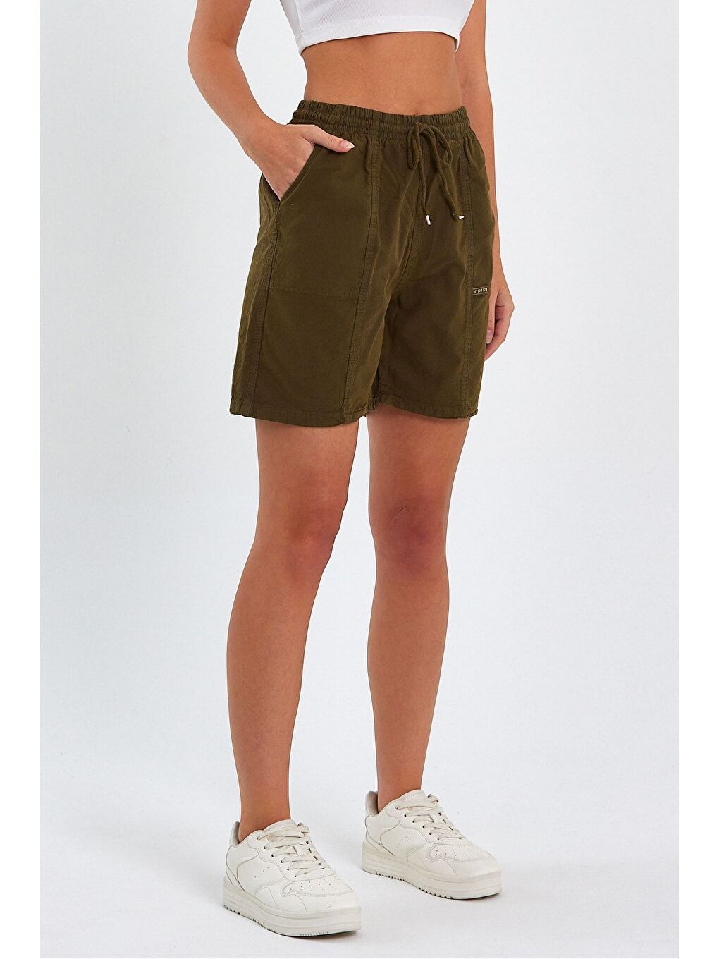 Kadın Haki Rahat Kesim Keten Şort-2