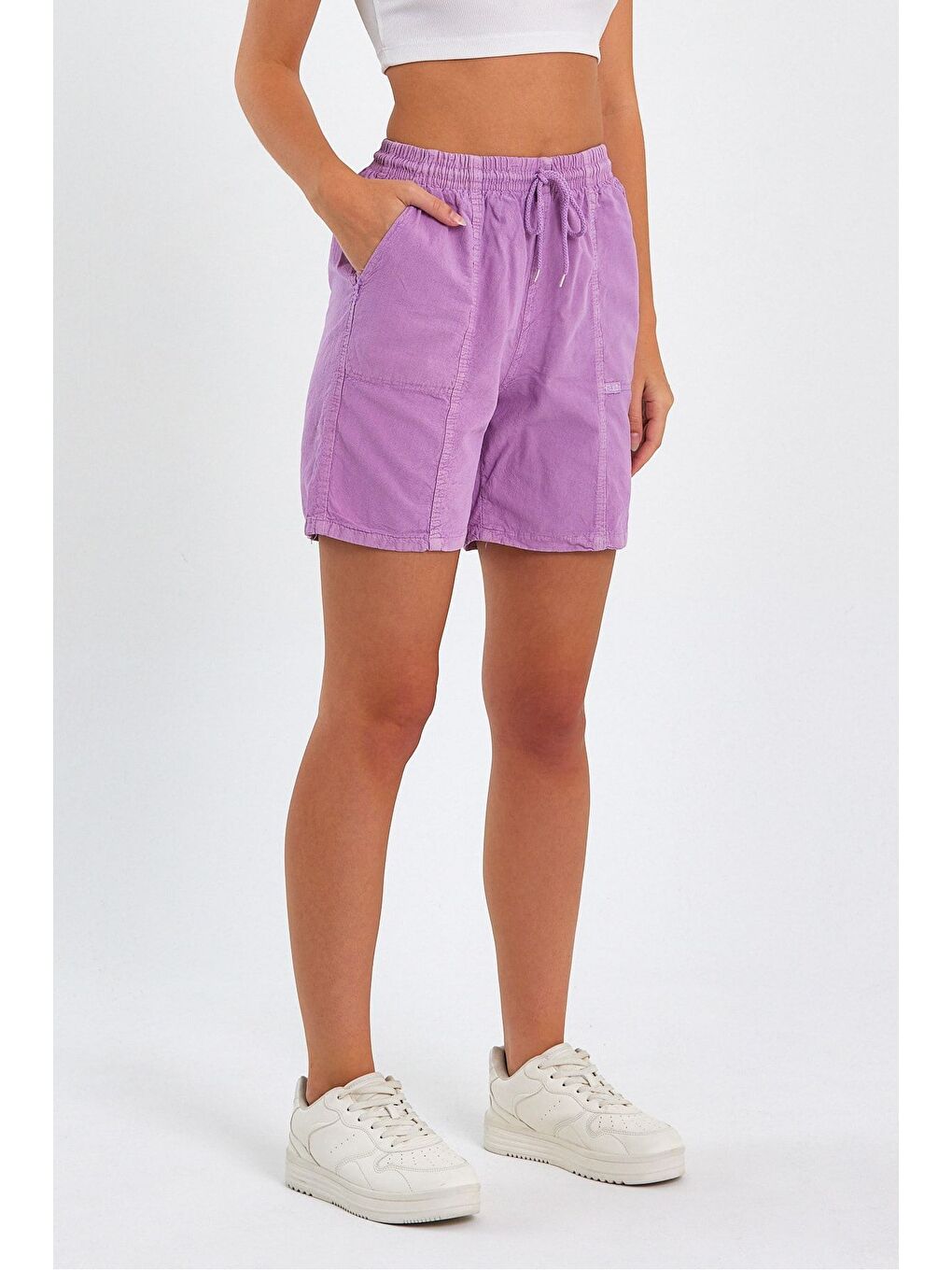 Kadın Açık Lila Rahat Kesim Keten Şort-3