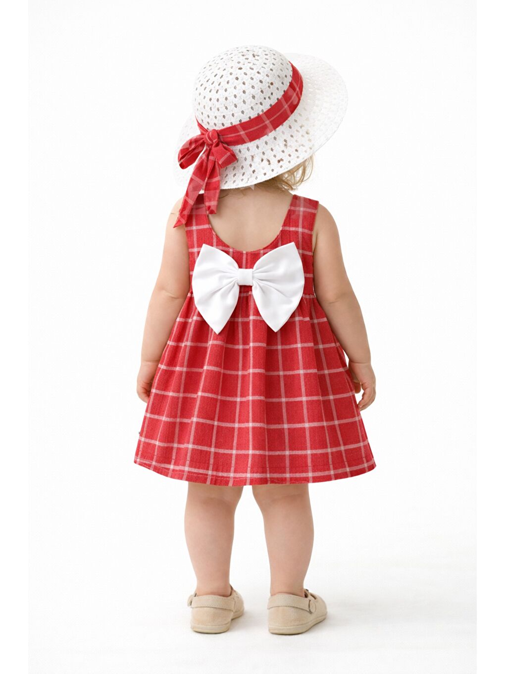 Kırmızı Tatlı Kız Bebek Ekose Tarz Elbise Şapkalı Fiyonk Detaylı Yazlık 2’li Kombin-1