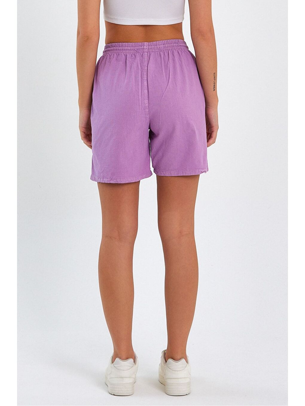 Kadın Açık Lila Rahat Kesim Keten Şort-4