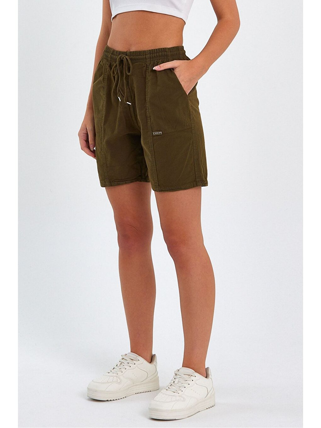 Kadın Haki Rahat Kesim Keten Şort-3