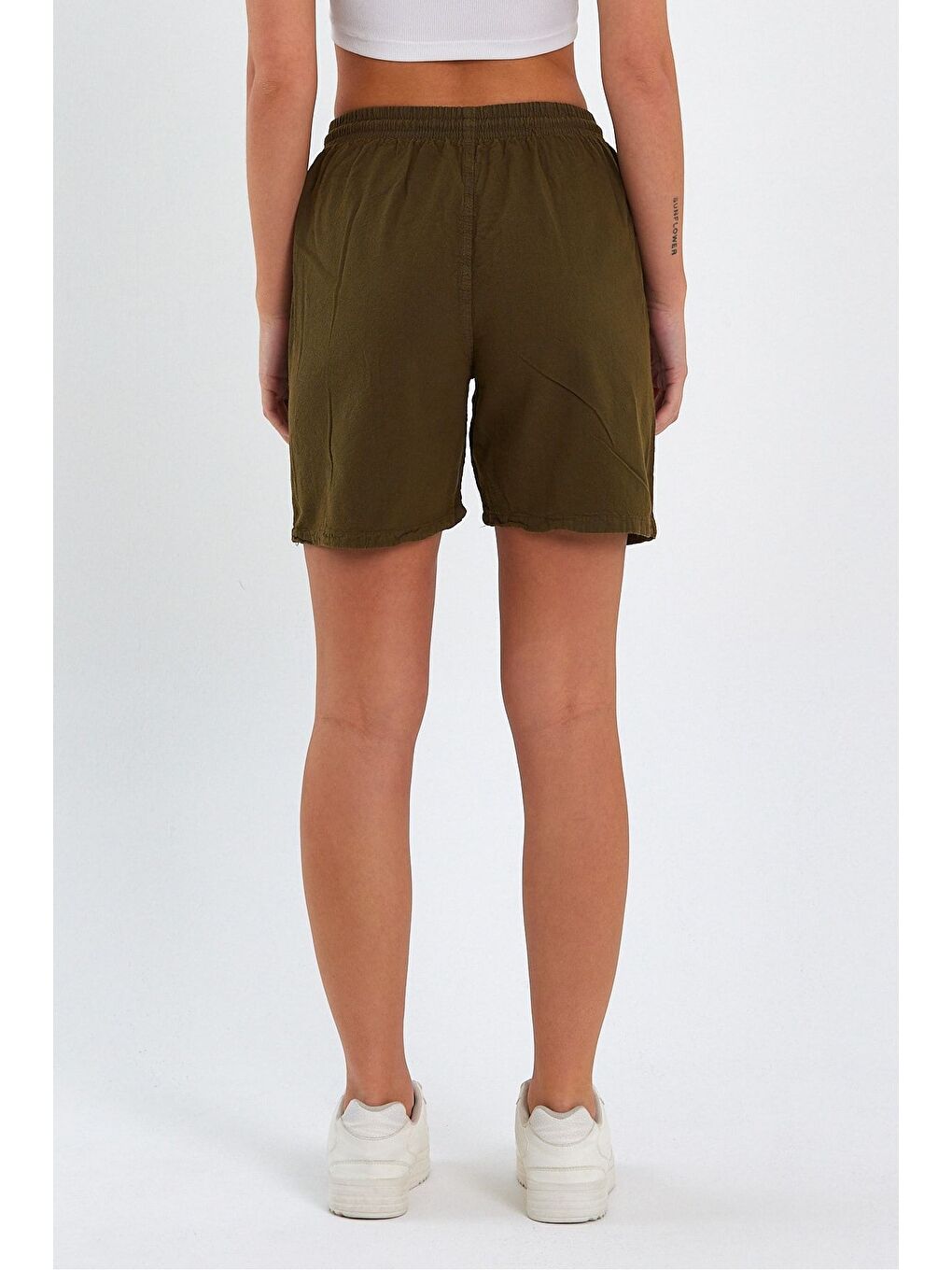 Kadın Haki Rahat Kesim Keten Şort-4