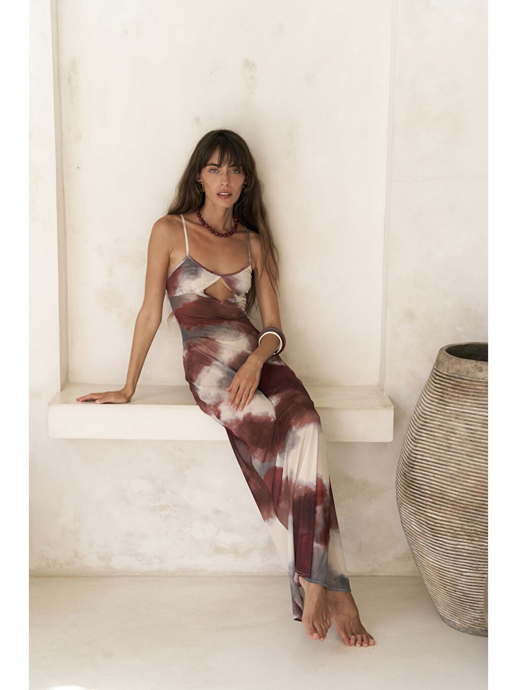 Diavonesta Bağcık Detay Dekolteli Bordo Uzun Elbise-1