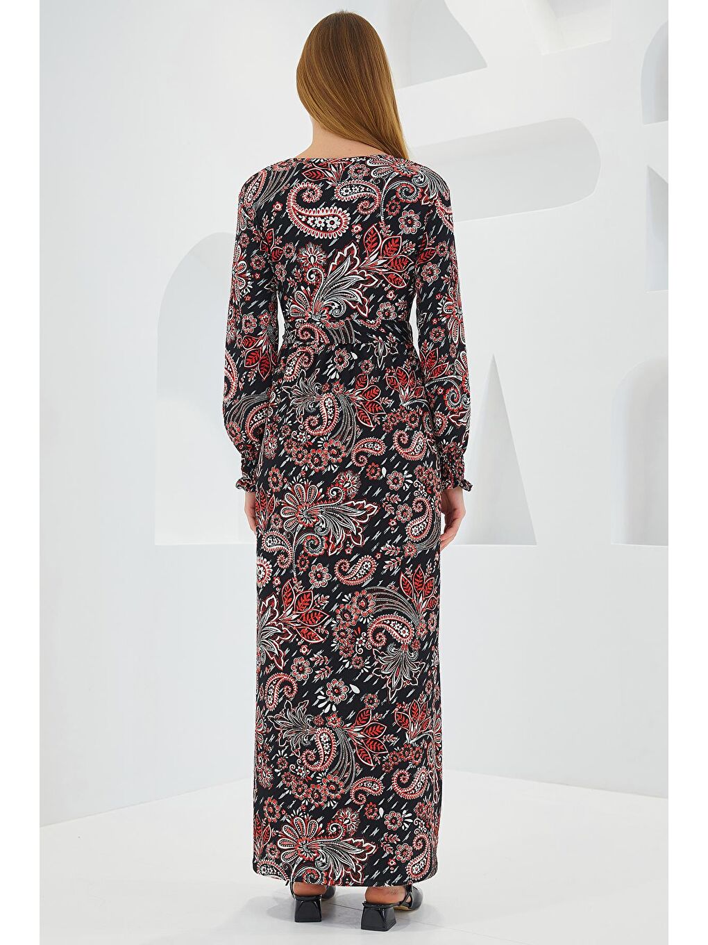 Sarı Kadın Siyah Çiçek Desenli Örme Tesettür Elbise 1525-5