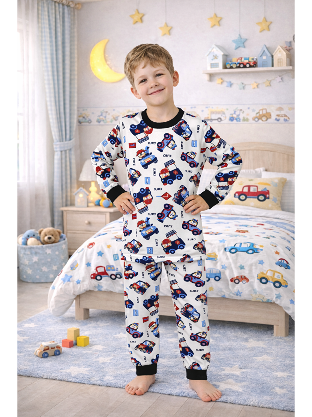 Lacivert Erkek Çocuk %100 Doğal Pamuk Yüksek Kalite Uzun Kollu Manşetli Pijama Takımı