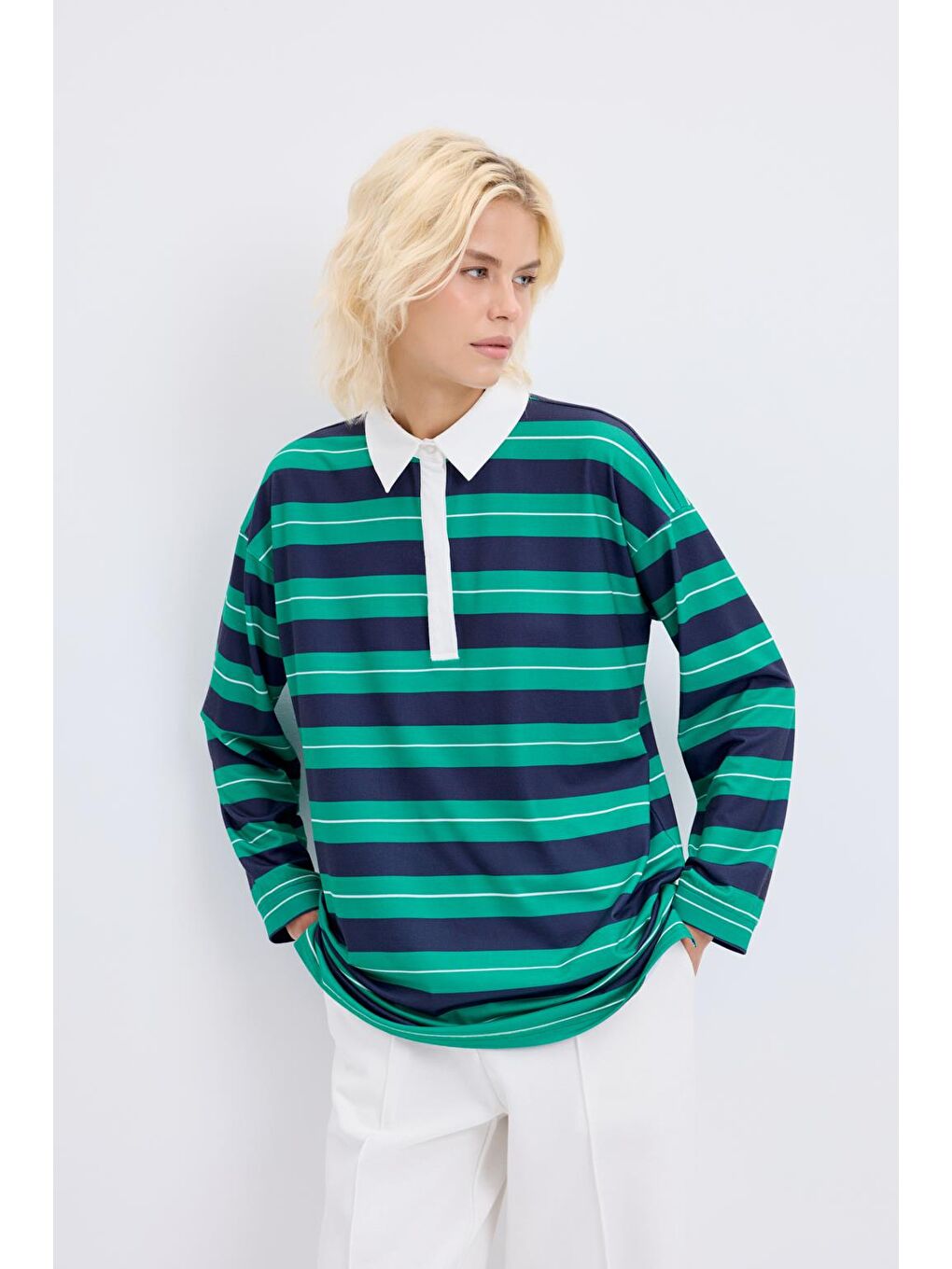 Polo Yaka Çizgili Sweatshirt Lacivert-2