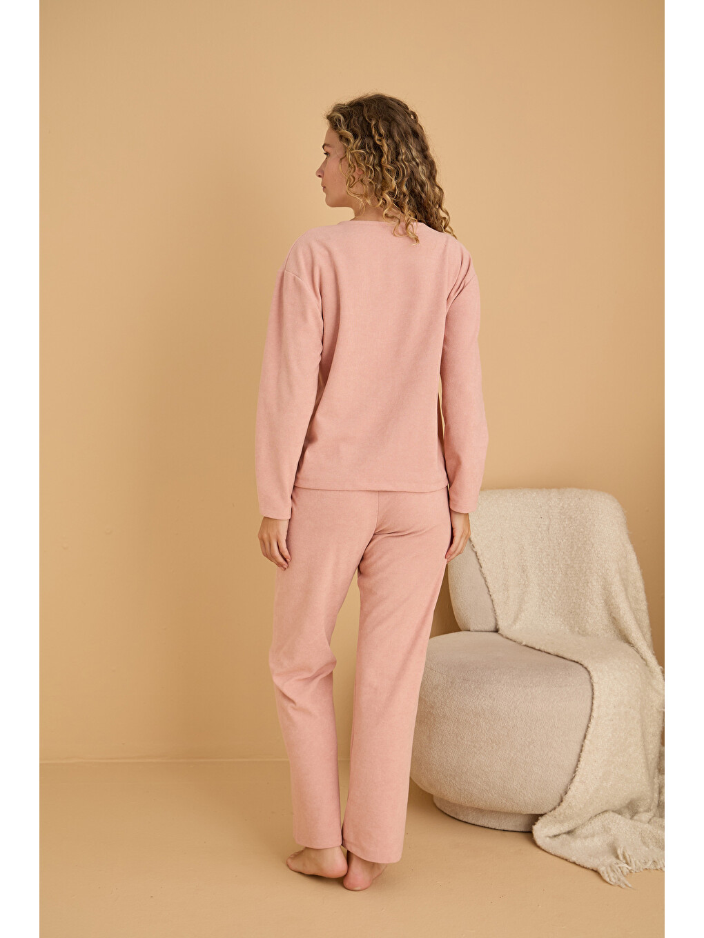 Pembe Somon Nakışlı Havlu Kumaş Örme Pijama Takım25226008-2