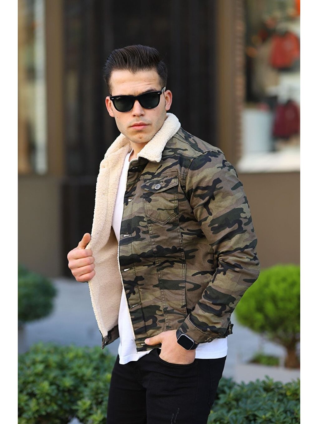 Yeşil Erkek Trend Kışlık Içi Kürklü Jean Ceket Kamufulaj-1