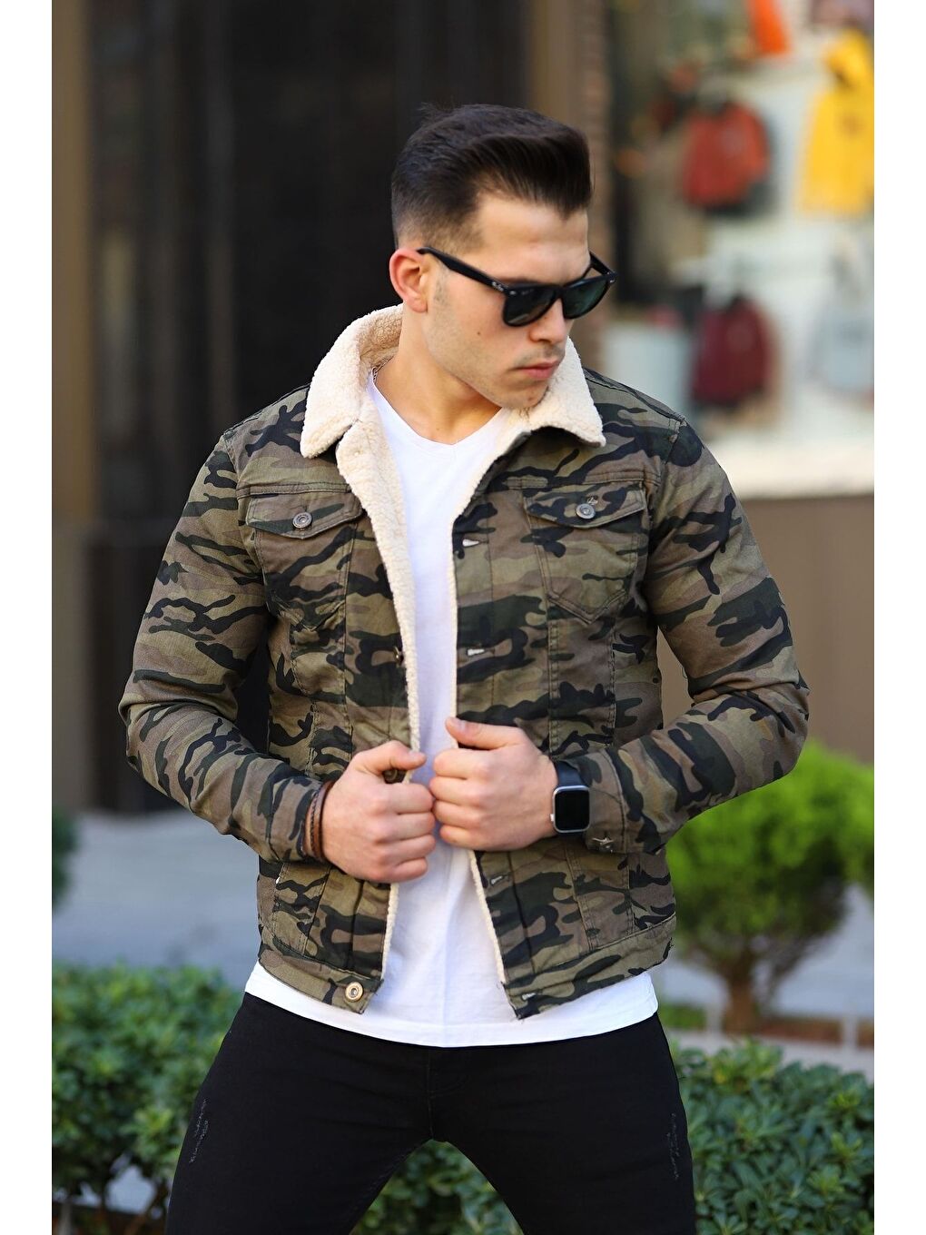 Yeşil Erkek Trend Kışlık Içi Kürklü Jean Ceket Kamufulaj-2