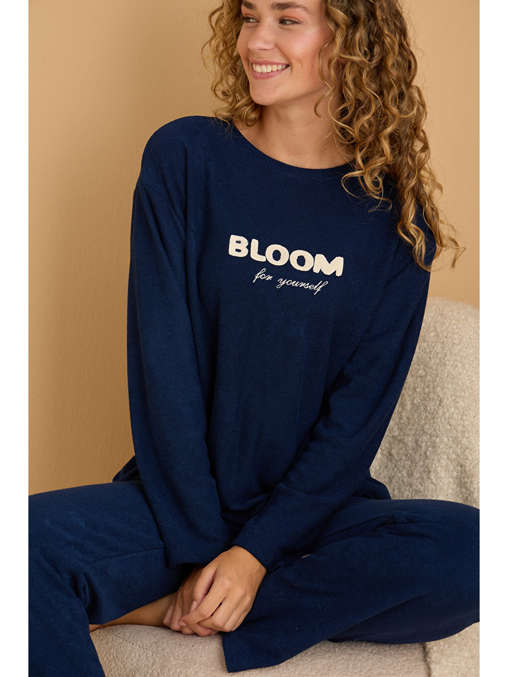 Lacivert Nakışlı Havlu Kumaş Örme Pijama Takım25226006