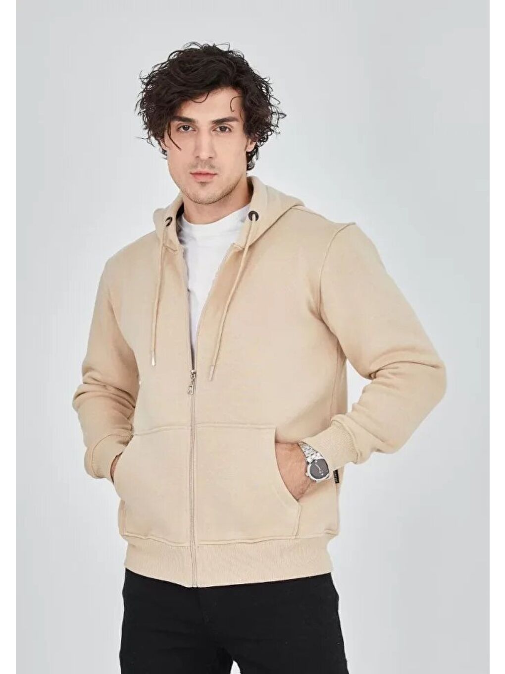 Unisex Tam Fermuarlı Kapşonlu  Sweatshirt - Bej-1
