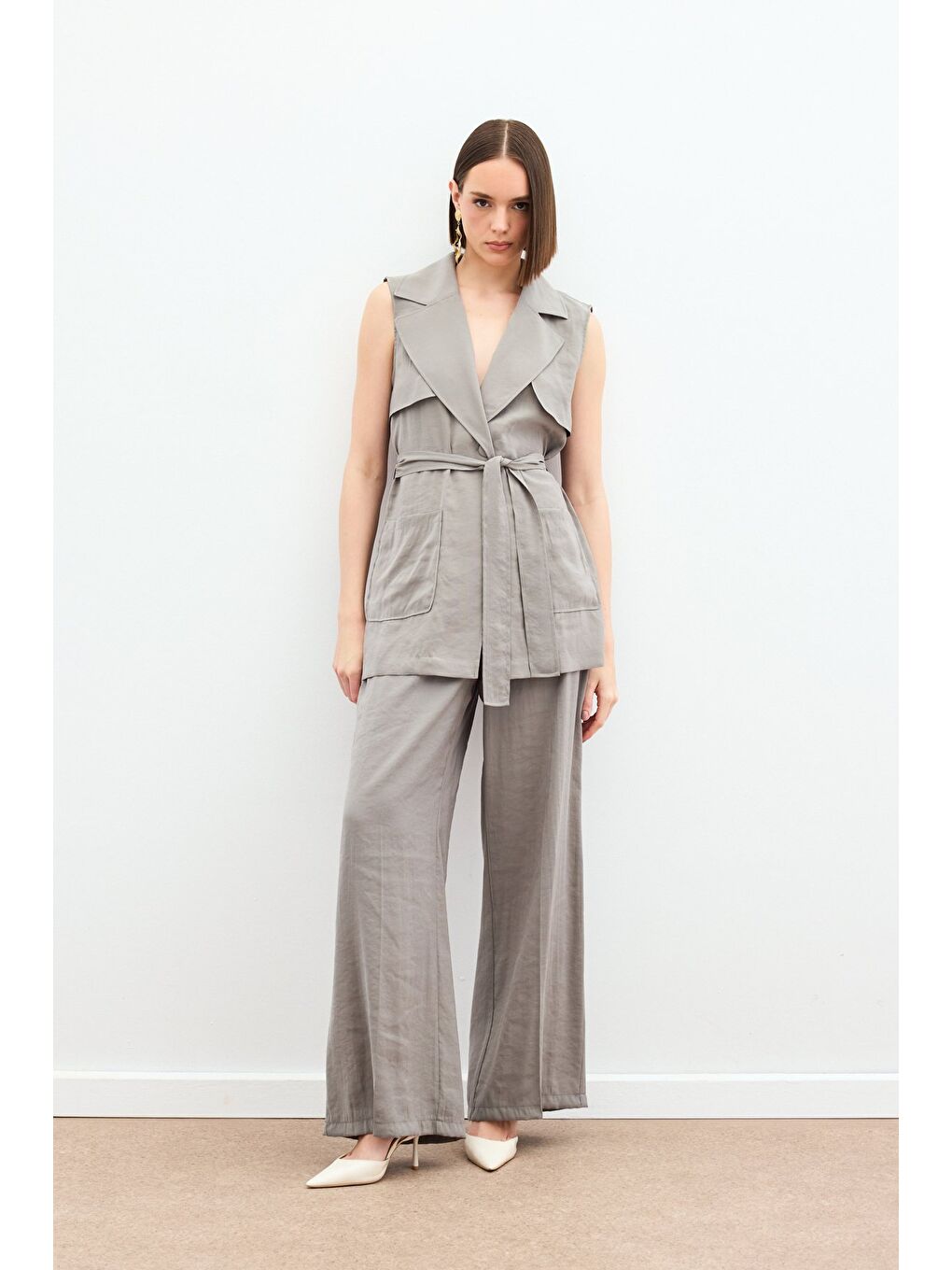 Kuşaklı Uzun Yelek - Haki-1