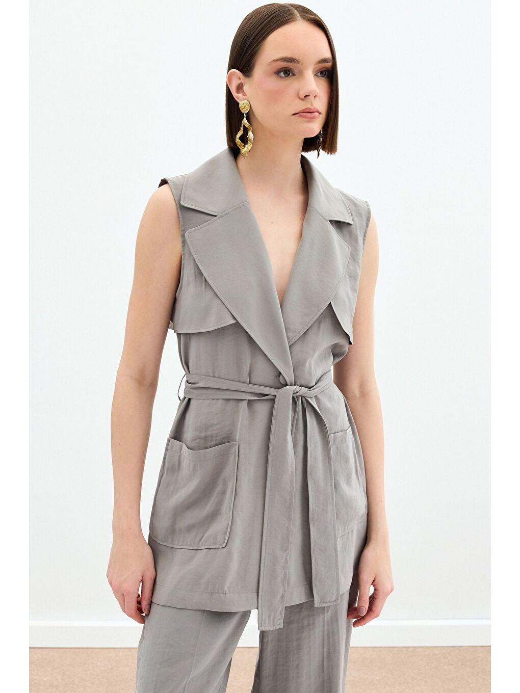 Kuşaklı Uzun Yelek - Haki-2