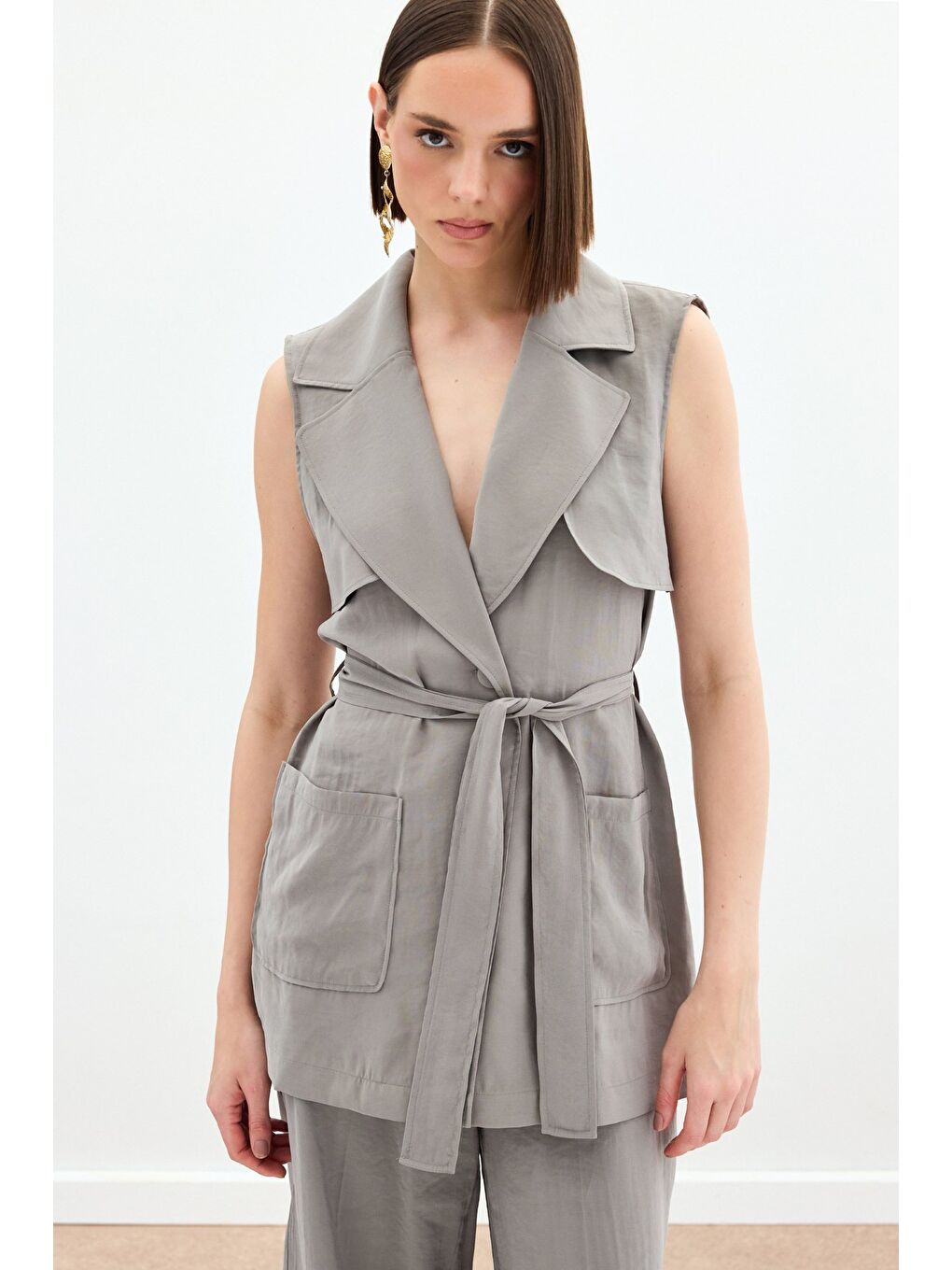 Kuşaklı Uzun Yelek - Haki-3