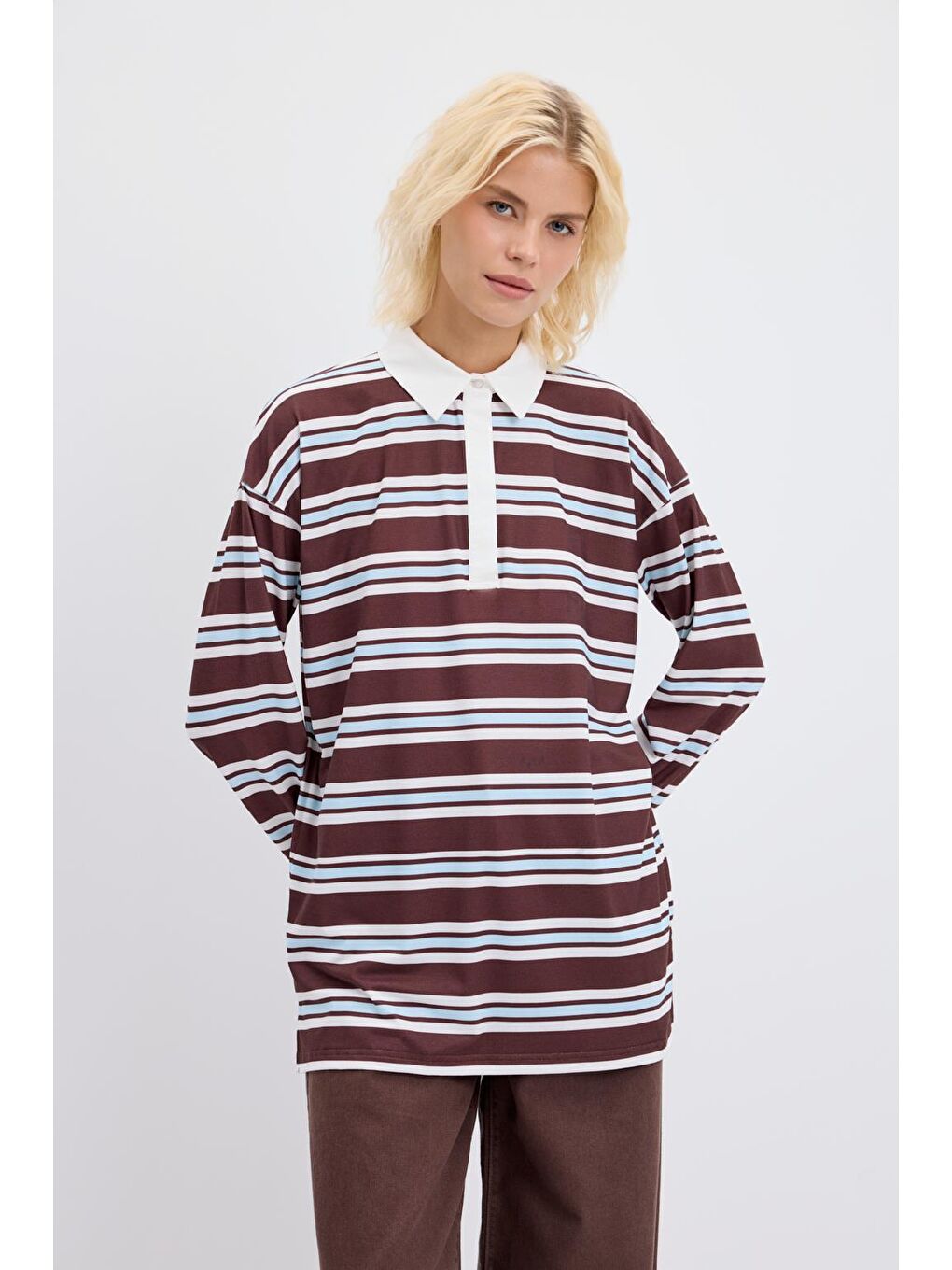 Polo Yaka Çizgili Sweatshirt Ekru