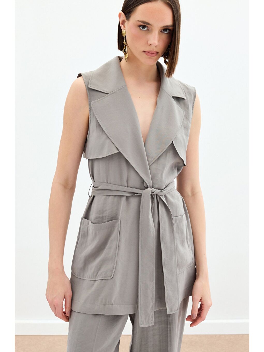 Kuşaklı Uzun Yelek - Haki-4