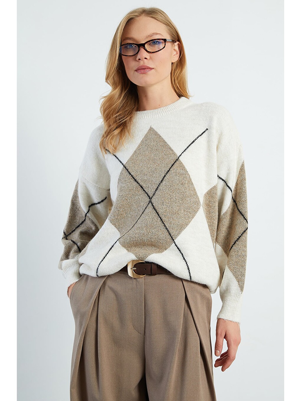 Bej Baklava Desenli Oversize Kazak-1