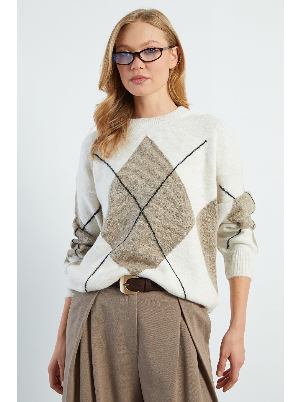 Bej Baklava Desenli Oversize Kazak-3