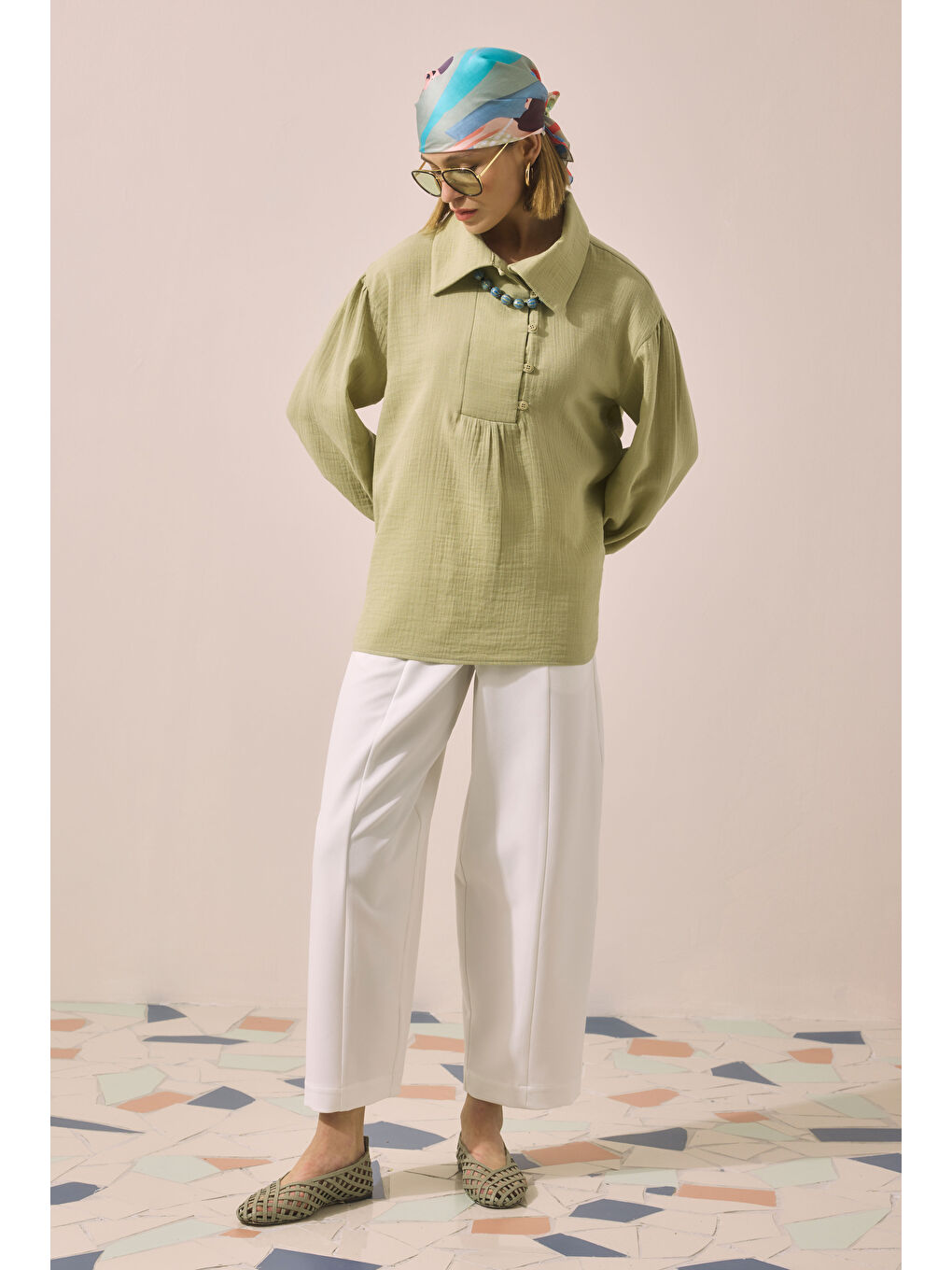 Yeşil Pat Detaylı Tunik Adaçayı
