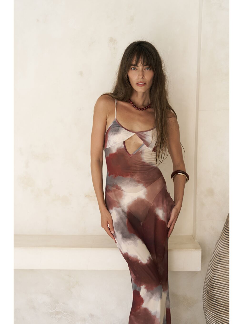 Diavonesta Bağcık Detay Dekolteli Bordo Uzun Elbise-5