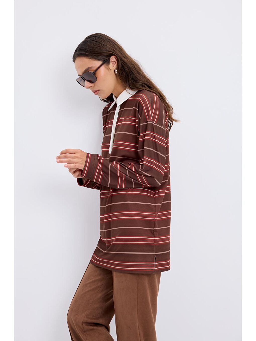 Kahverengi Polo Yaka Çizgili Sweatshirt Kahve-1