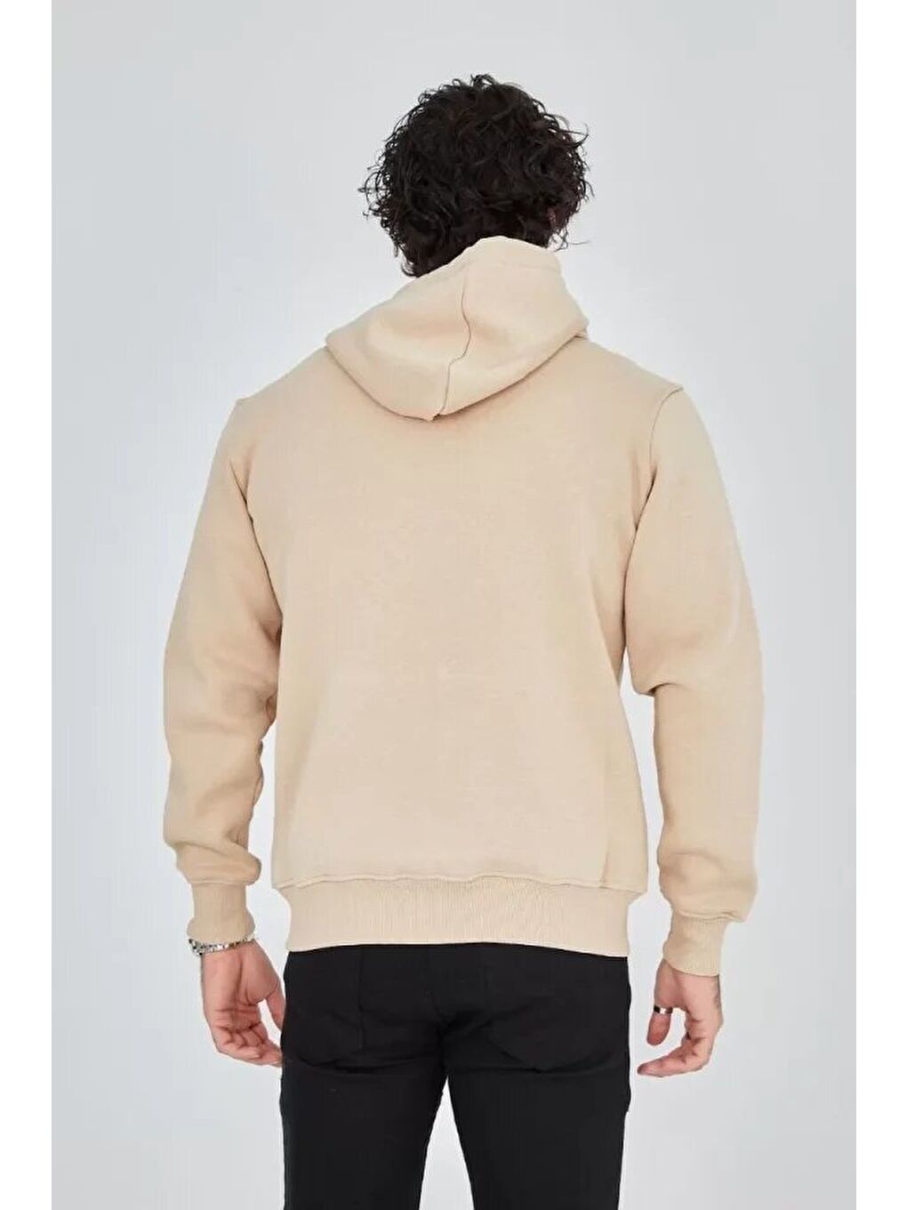 Unisex Tam Fermuarlı Kapşonlu  Sweatshirt - Bej-3