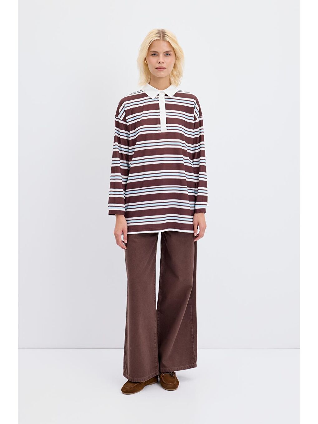 Polo Yaka Çizgili Sweatshirt Ekru-2