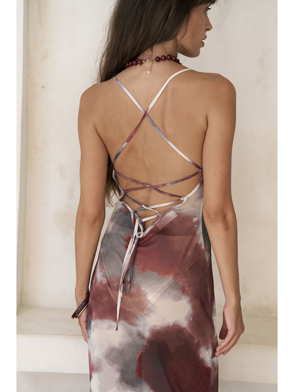 Diavonesta Bağcık Detay Dekolteli Bordo Uzun Elbise-6