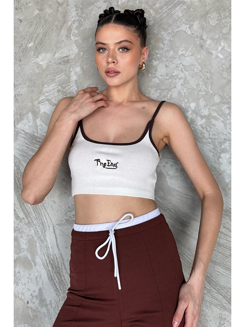 Ekru İp Askılı Nakışlı Crop Top Kaşkorse Bluz (s-m-l Uyumludur)