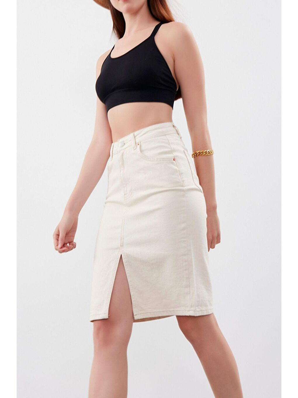Bej Kadın Raw Ekru Renk Esnek Kumaş Önden Yırtmaç Detaylı Denim Etek